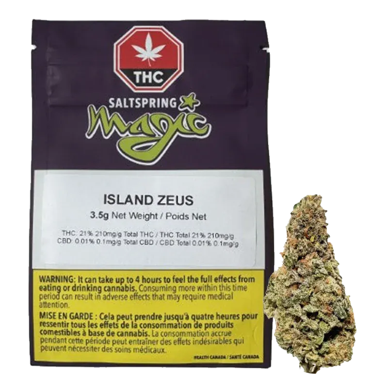 Front view of the Saltspring Magic Island Zeus 3.5 g pouch with label visible and a cannabis bud placed to its right.