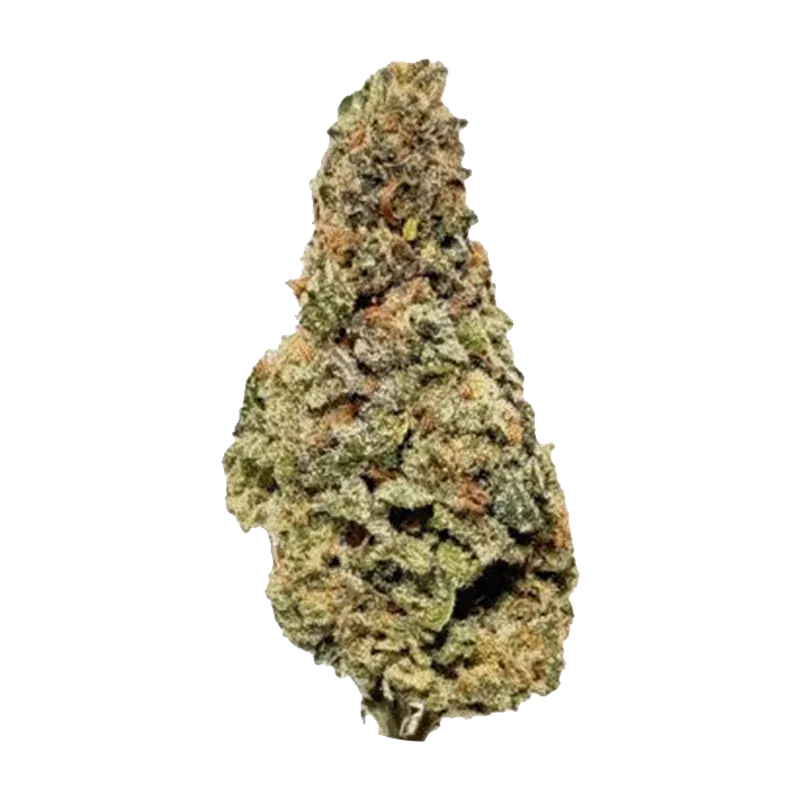 Single top-down view of a dense, frosty green and orange nugget labeled Zeus against a plain white background.