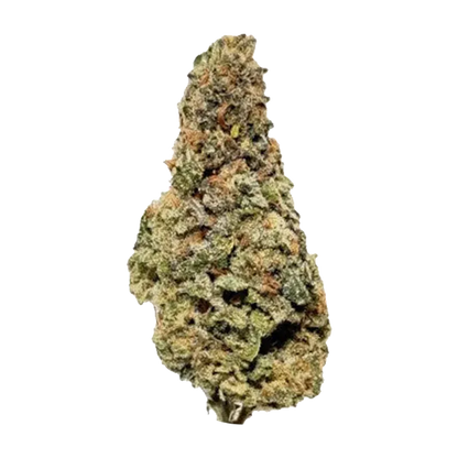 Single top-down view of a dense, frosty green and orange nugget labeled Zeus against a plain white background.