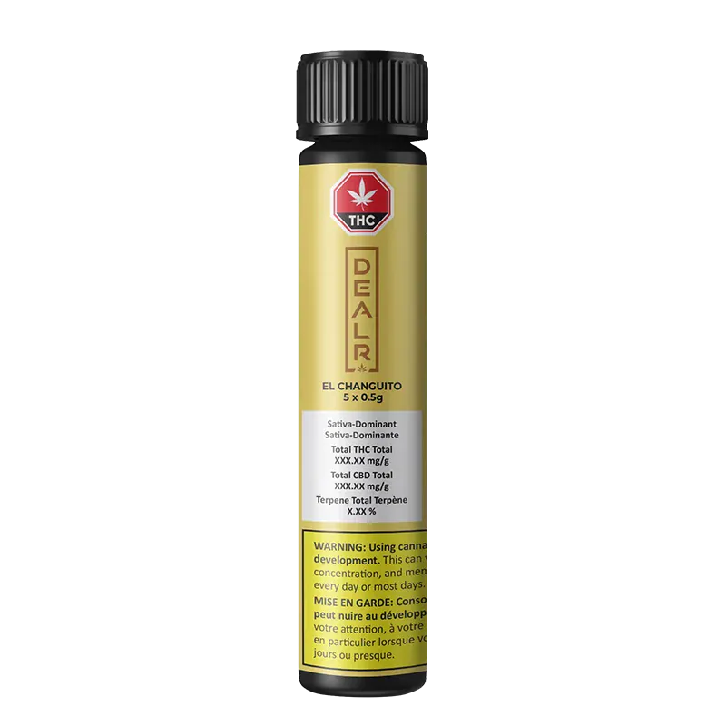 Tall front view of the gold-labeled El Changuito PR 5 x 0.5 g tube with a black ribbed cap and warning text near the base