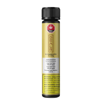 Tall front view of the gold-labeled El Changuito PR 5 x 0.5 g tube with a black ribbed cap and warning text near the base