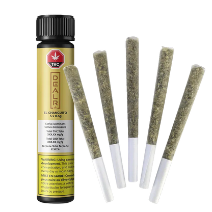 Tall front view of the gold tube and five pre-rolls labeled El Changuito PR 5 x 0.5 g standing fanned beside it.