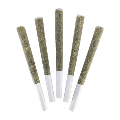 Top-down view of five El Changuito PR 5 x 0.5 g pre-rolls fanned out on a white background showing green herbal fill and white tips.