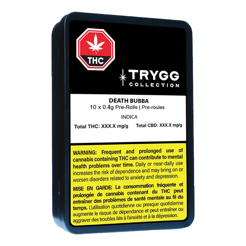 Three-quarter view of a black rectangular tin labeled "TRygg Collection Death Bubba PR 10 x 0.4 g" with a white product panel and yellow warning box.