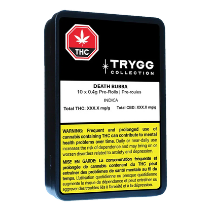 Three-quarter view of a black rectangular tin labeled "TRygg Collection Death Bubba PR 10 x 0.4 g" with a white product panel and yellow warning box.