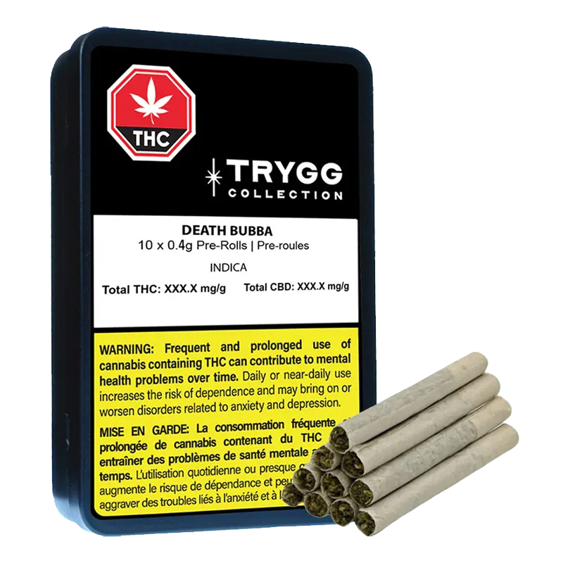Angled view of a black Trygg Collection Death Bubba PR 10 x 0.4 g tin standing upright with a stack of pre-rolls arranged beside it.