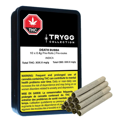 Angled view of a black Trygg Collection Death Bubba PR 10 x 0.4 g tin standing upright with a stack of pre-rolls arranged beside it.