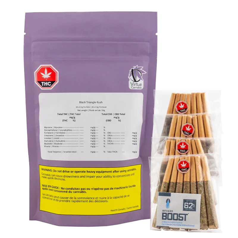 Front-facing shot of a purple pouch and clear packs of cones labeled Black Triangle PR 28 x 0.5 g, shown against a white background.