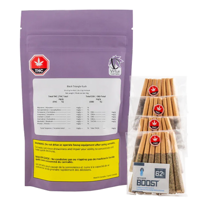 Front-facing shot of a purple pouch and clear packs of cones labeled Black Triangle PR 28 x 0.5 g, shown against a white background.