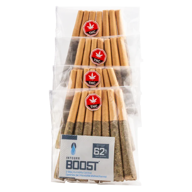 Stacked clear bags show rows of brown pre-rolls with red THC seals in a vertical arrangement, labeled "Black Triangle PR 28 x 0.5 g" visible at base.