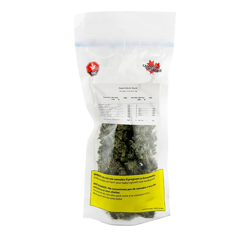Clear front view of a sealed bag showing Organic Electric Skunk cannabis buds visible through the packaging.