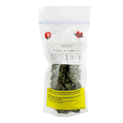 Clear front view of a sealed bag showing Organic Electric Skunk cannabis buds visible through the packaging.