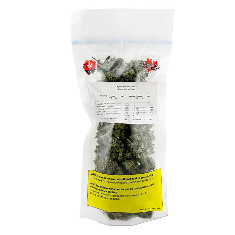 Clear front-facing photo of a resealable bag of Organic Electric Skunk showing dense green buds, warning label and testing sticker.