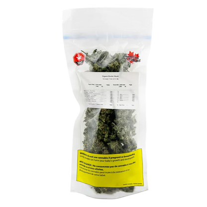 Clear front-facing photo of a resealable bag of Organic Electric Skunk showing dense green buds, warning label and testing sticker.