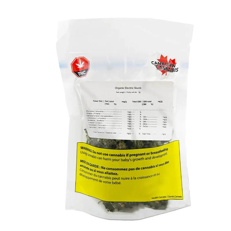 Clear front-facing photo of a sealed pouch labeled Organic Electric Skunk showing dried flower through the bag and a prominent yellow health warning.