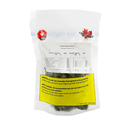 Clear front-facing photo of a sealed pouch labeled Organic Electric Skunk showing dried flower through the bag and a prominent yellow health warning.