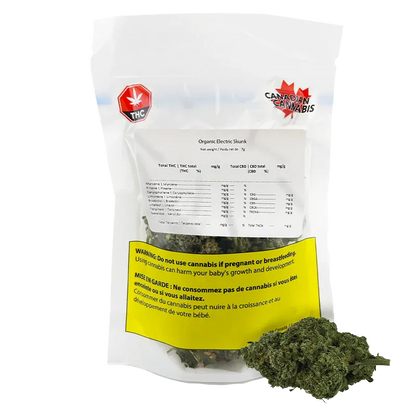 Clear front view of a sealed pouch labeled "Organic Electric Skunk" with a yellow health warning and green buds visible inside and beside it.