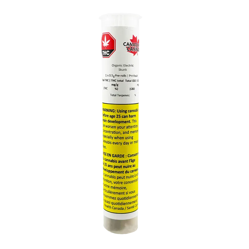 Vertical studio shot of the Organic Electric Skunk PR 1 x 0.5 g white tube with a red THC logo and yellow warning label.