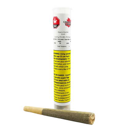 Tall front view of the Organic Electric Skunk PR 1 x 0.5 g white tube with a yellow warning label and a pre-rolled joint resting in front.