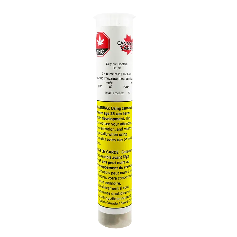 Tall, front-facing shot of the Organic Electric Skunk PR 2 x 1 g tube with white top and a yellow warning label visible.