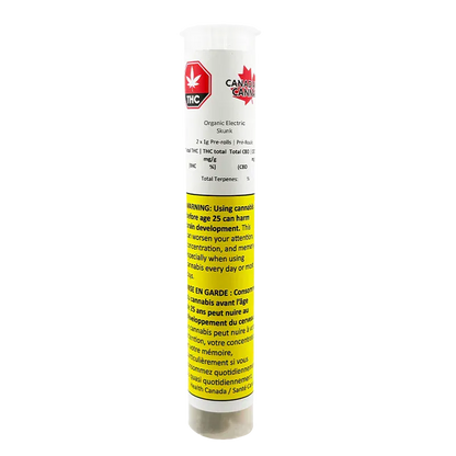 Tall, front-facing shot of the Organic Electric Skunk PR 2 x 1 g tube with white top and a yellow warning label visible.