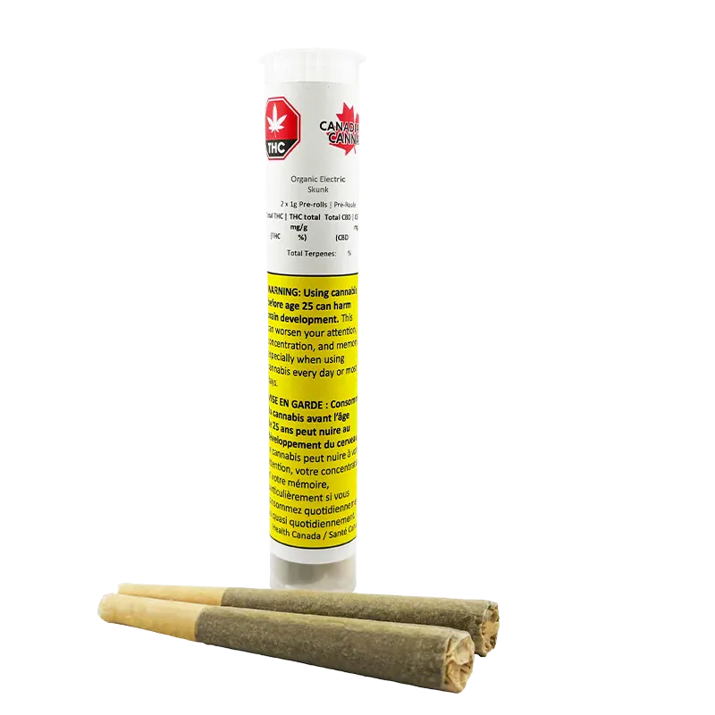 Straight-on view of a clear tube labeled Organic Electric Skunk PR 2 x 1 g standing behind three brown pre-rolled cones.
