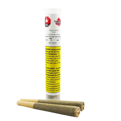 Straight-on view of a clear tube labeled Organic Electric Skunk PR 2 x 1 g standing behind three brown pre-rolled cones.