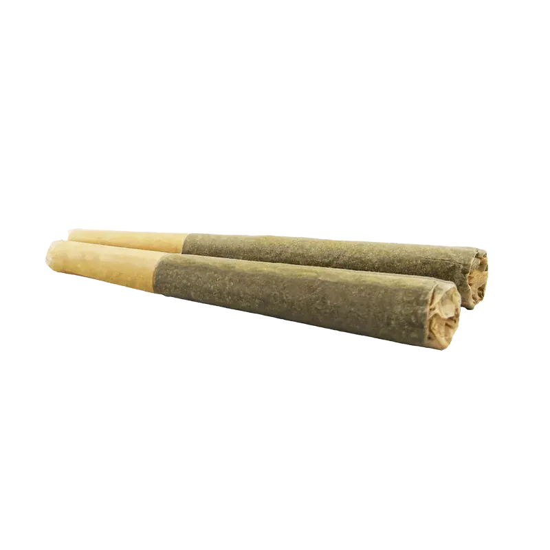 Low-angle close-up of two rolled organic pre-rolls labeled "Organic Electric Skunk PR 2 x 1 g" resting side by side on a white background