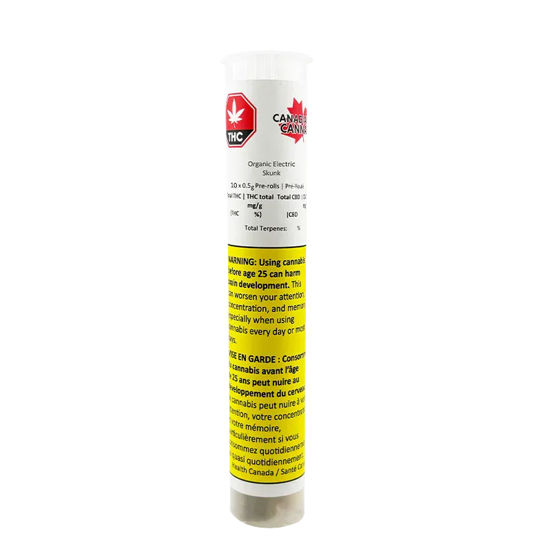 Tall front view of a white tube labeled "Organic Electric Skunk PR 10 x 0.5 g" with red THC emblem and a yellow warning panel.