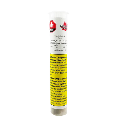 Tall front view of a white tube labeled "Organic Electric Skunk PR 10 x 0.5 g" with red THC emblem and a yellow warning panel.
