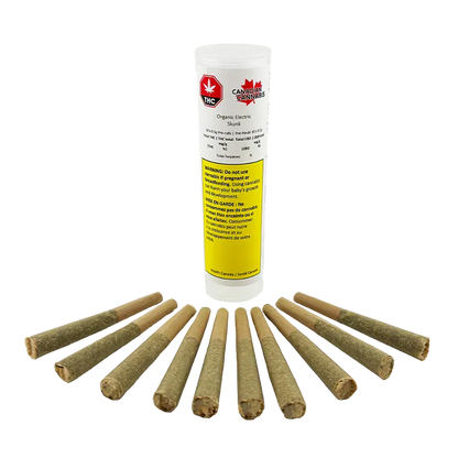 Centered tube of Organic Electric Skunk PR 10 x 0.5 g with a yellow warning label, photographed front-on with twelve pre-rolls fanned in front on a white background