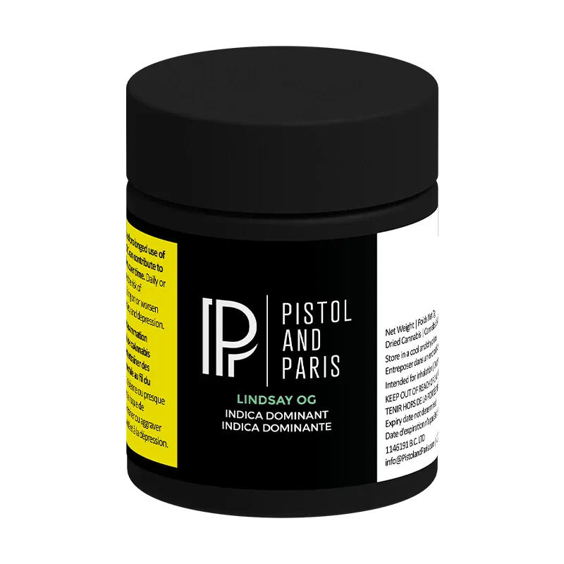 Front-facing view of the Pistol and Paris Lindsay OG black jar with logo and green product name on a white background.