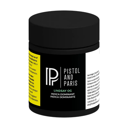 Front-facing view of the Pistol and Paris Lindsay OG black jar with logo and green product name on a white background.
