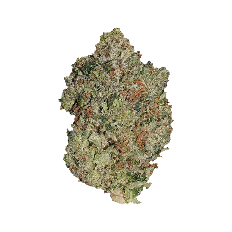Top-down close-up of a frosty green and orange bud of Lindsay OG against a white background.