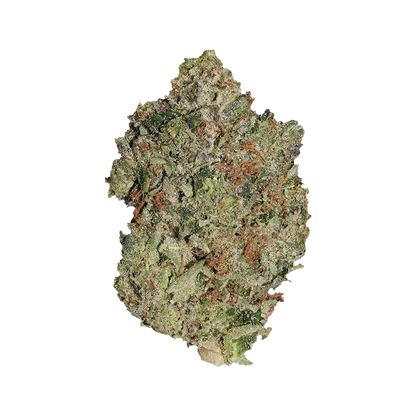 Top-down close-up of a frosty green and orange bud of Lindsay OG against a white background.