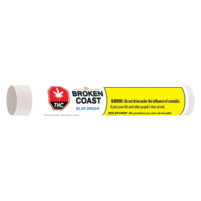 Horizontal product shot of Broken Coast Blue Dream PR 1 x 1 g pre-roll tube with label, warning panel and end caps visible