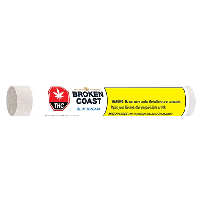 Horizontal product shot of Broken Coast Blue Dream PR 1 x 1 g pre-roll tube with label, warning panel and end caps visible