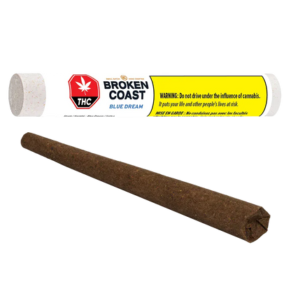 Angled close-up of a brown pre-rolled cone in front of a horizontal white tube labeled Broken Coast Blue Dream.
