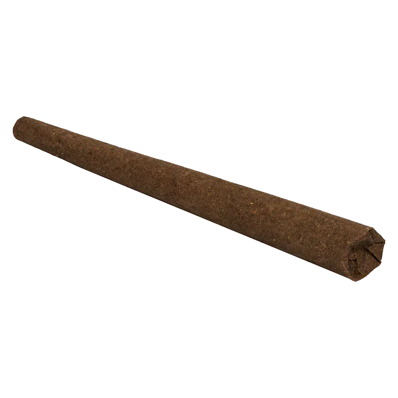 Angled close-up of a long brown cone-shaped "Blue Dream PR 1 x 1 g" pre-roll with a pinched, star-folded tip on a white background