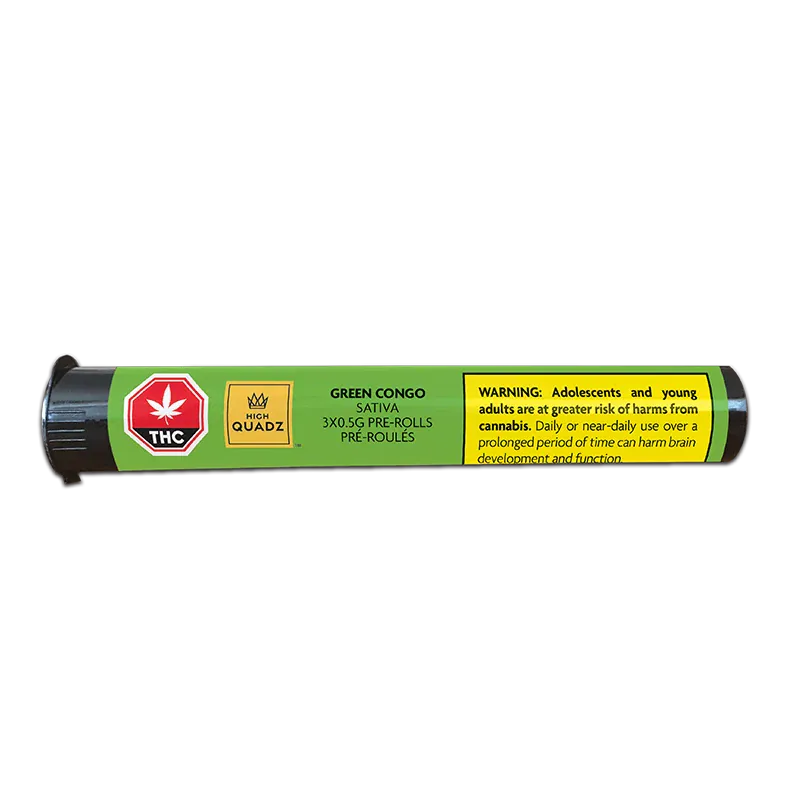 Horizontal studio shot of the Green Congo PR 3 x 0.5 g black tube with a green product label and yellow warning panel.