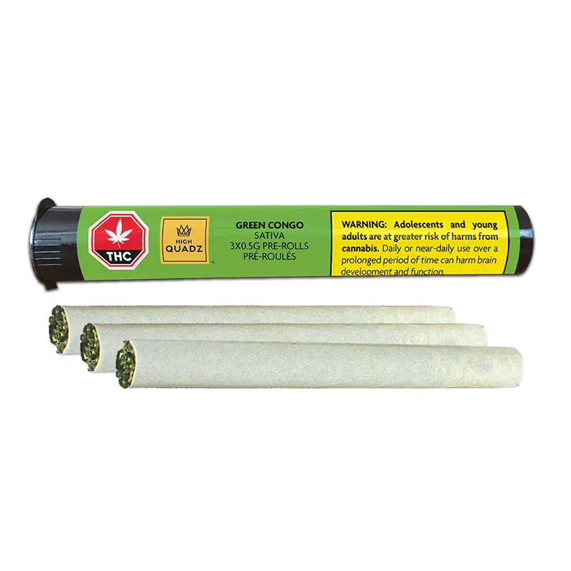 Horizontal product shot of a Green Congo PR 3 x 0.5 g black-and-green tube with three pre-rolls laid in front, label and warning visible