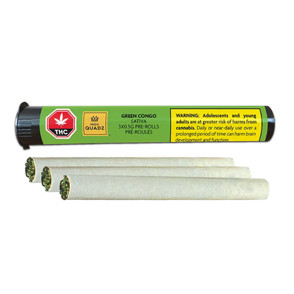 Horizontal product shot of a Green Congo PR 3 x 0.5 g black-and-green tube with three pre-rolls laid in front, label and warning visible