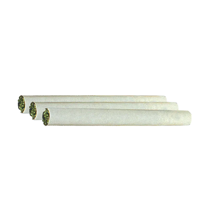 Side view of three white paper rolls filled with green herb, labeled Green Congo PR 3 x 0.5 g, arranged diagonally on a white background