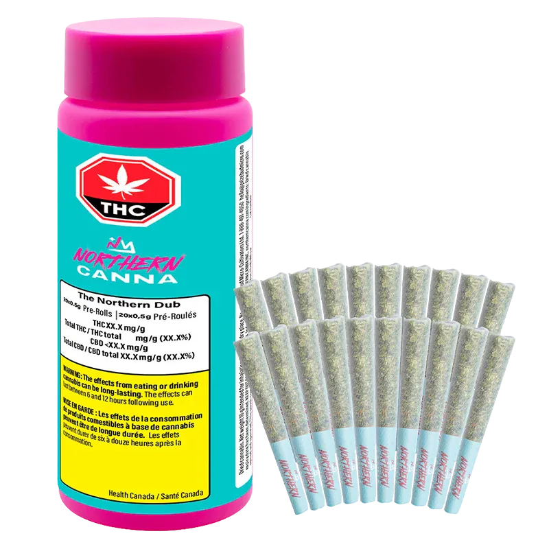 Front view of a teal and pink canister and a fanned row of pre-rolls, shown for The Collective PR 20 x 0.5 g.