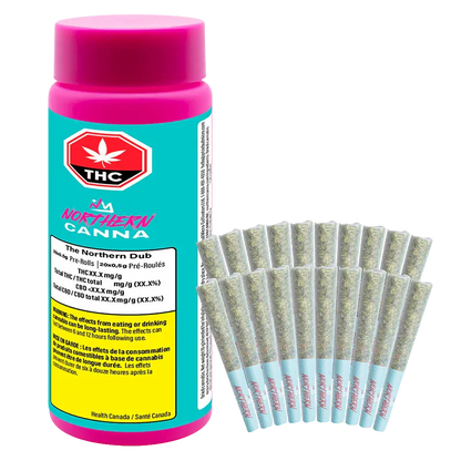 Front view of a teal and pink canister and a fanned row of pre-rolls, shown for The Collective PR 20 x 0.5 g.