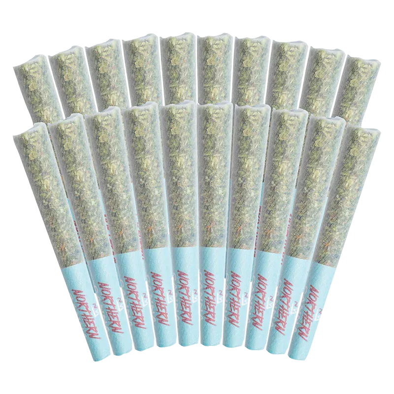 Fanned overhead view of multiple The Collective PR 20 x 0.5 g pre-rolls with pale blue filters and visible green herb.