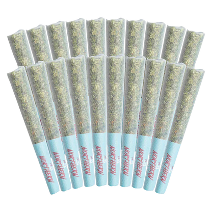 Fanned overhead view of multiple The Collective PR 20 x 0.5 g pre-rolls with pale blue filters and visible green herb.