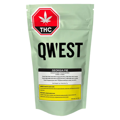 Front view of the QWEST Georgia Pie mint-green resealable pouch with bold black logo and a red THC warning label at the top