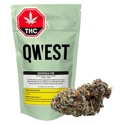 Front-facing pale green pouch labeled QWEST Georgia Pie with a 7 g net weight, shown beside a close-up of a frosty, purple and orange cannabis bud.