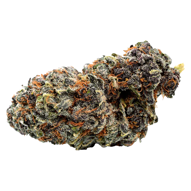 Close-up of a frosty, purple-tinged Georgia Pie Flower cannabis bud with bright orange pistils against a white background